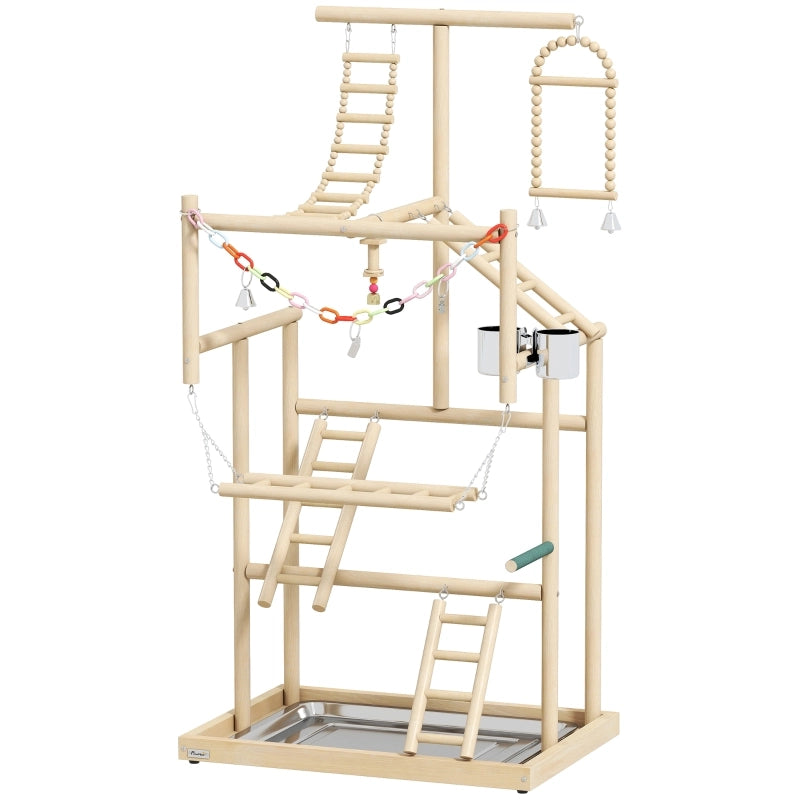 Supporto per uccelli, set di posatoi per uccelli, 4 livelli, vassoio in acciaio inox, giocattolo, legno naturale