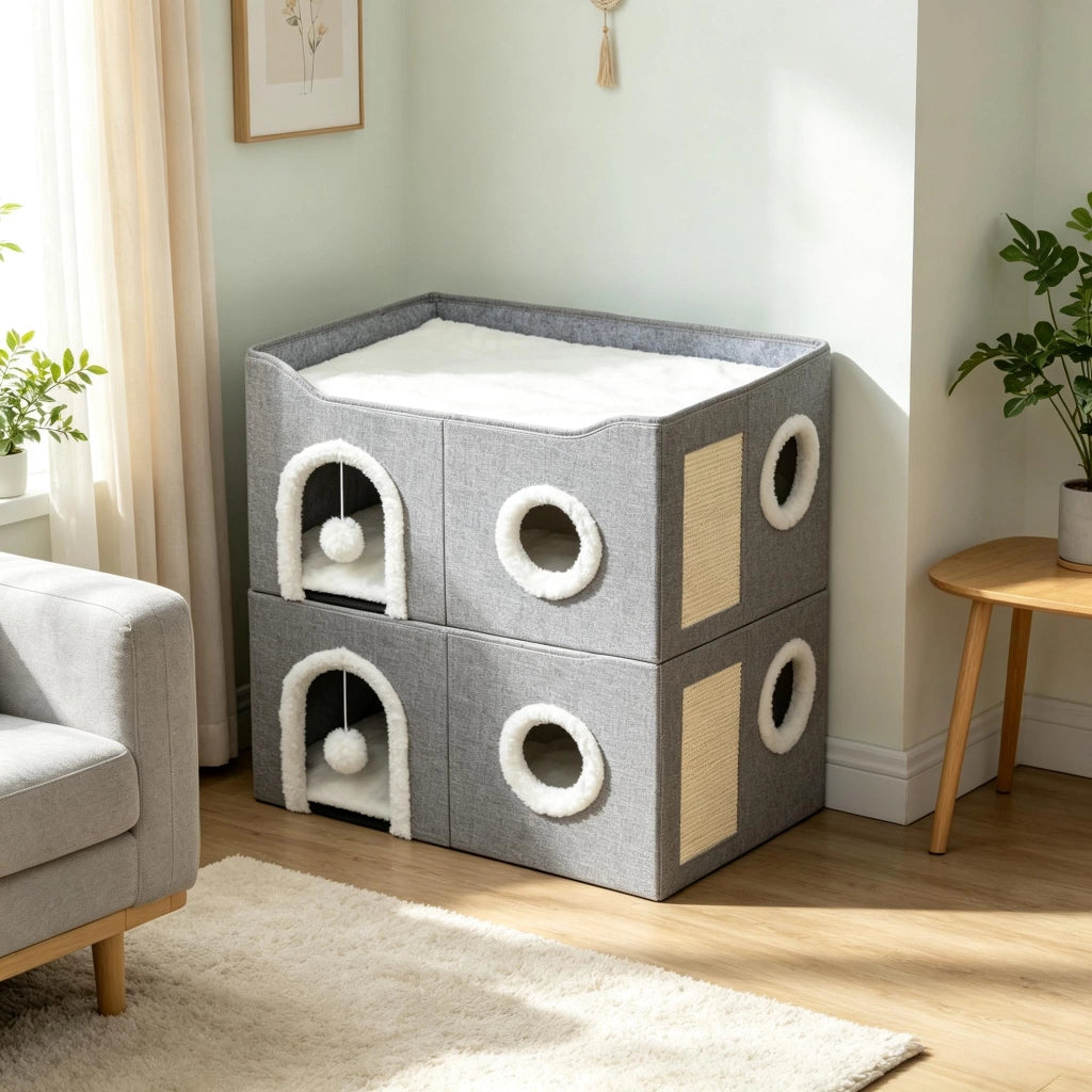 Cuccia pieghevole per gatti da interno, casetta per gatti con tiragraffi, lettino rialzato, ingressi multipli, giocattolo sospeso e cuscino reversibil
