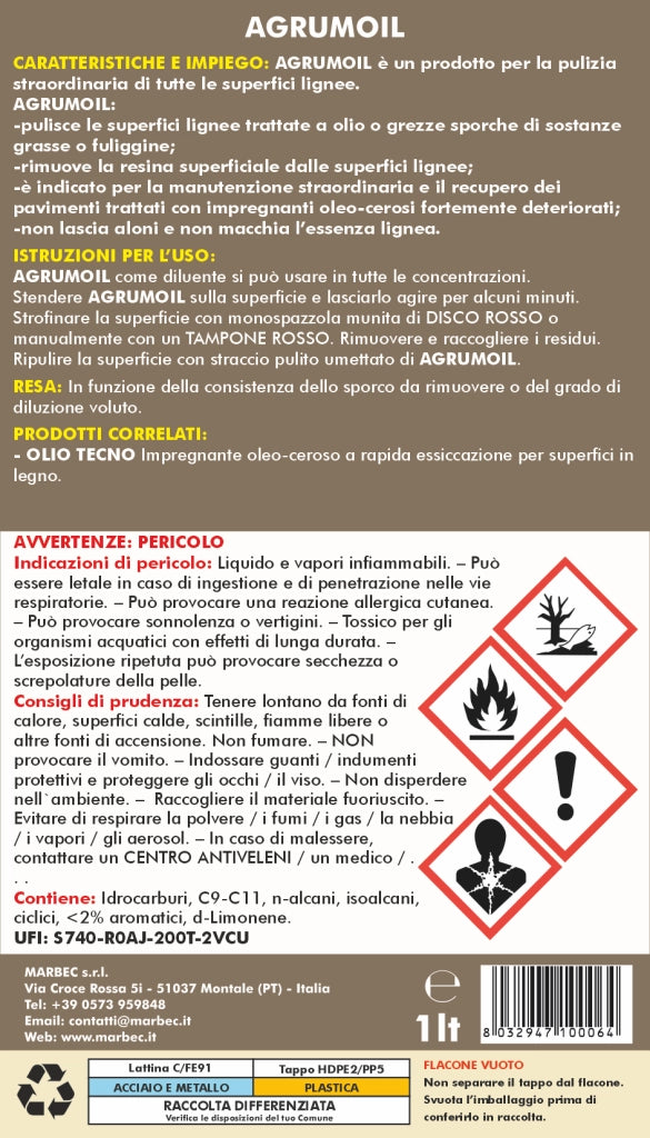 Diluente sgrassante per legno in d limonene AGRUMOIL   1LT