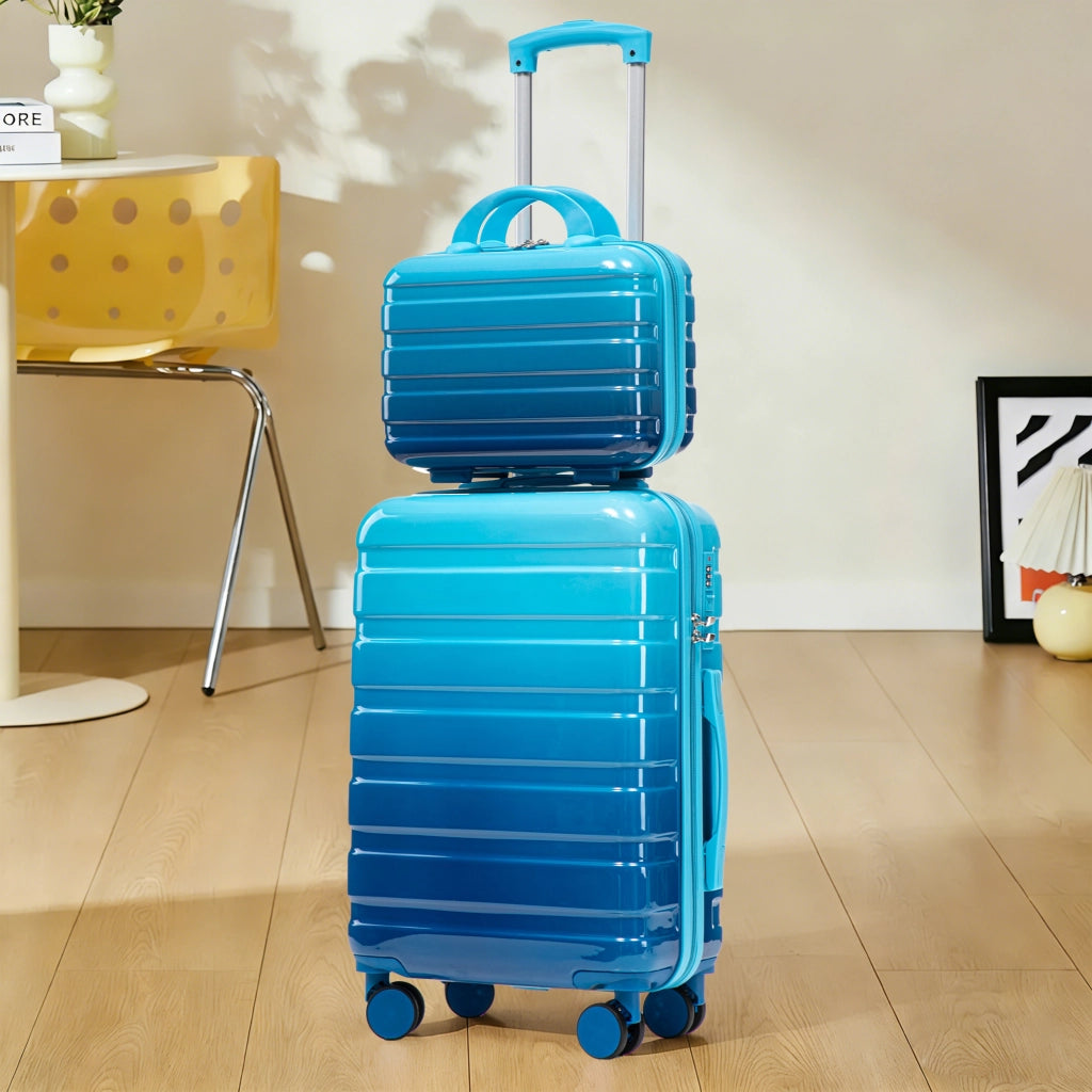 Valigia rigida in PC a 2 pezzi con lucchetto a combinazione, 4 ruote doppie, trolley 20 pollici con beauty case blu