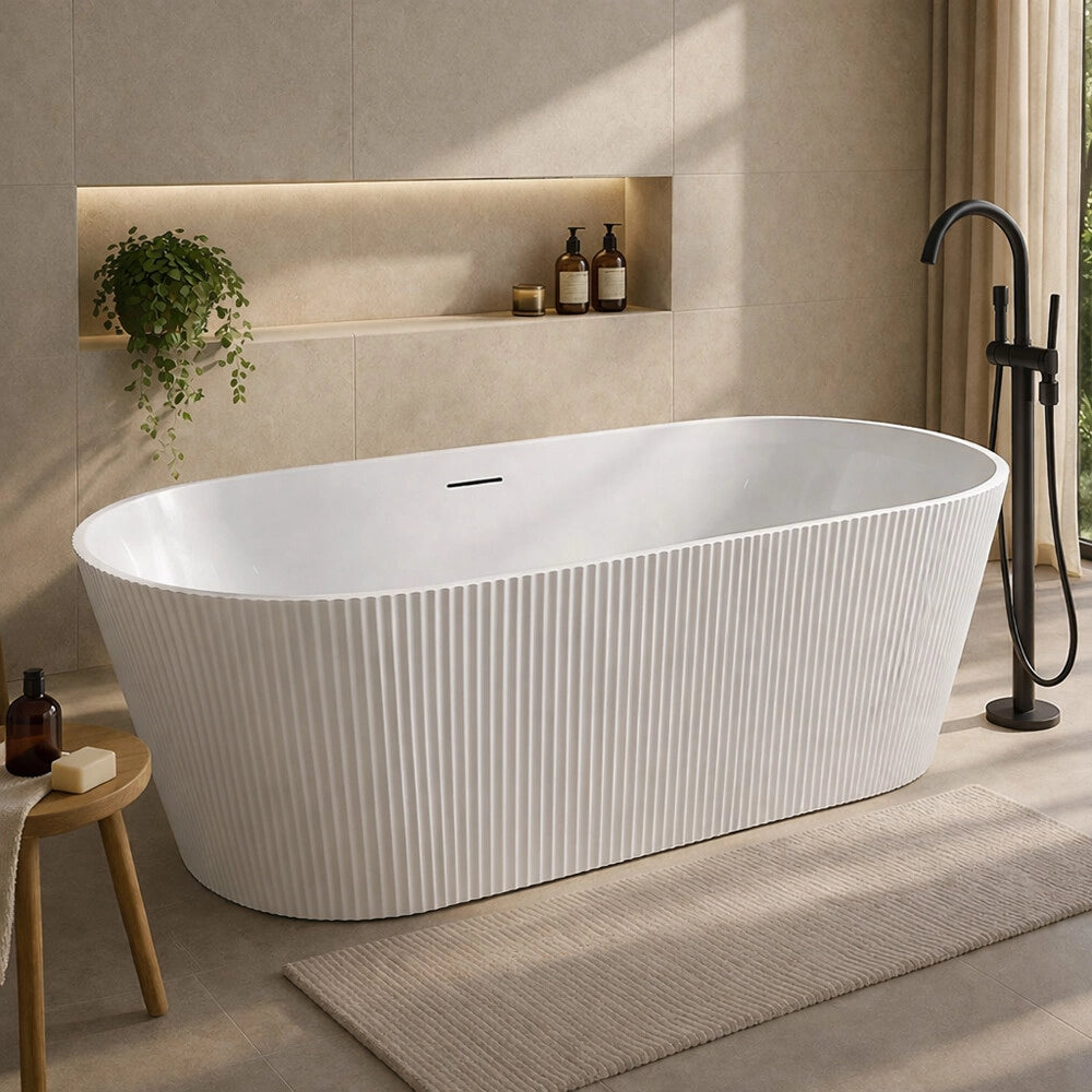 Vasca freestanding 170cm ovale con superficie cannettata in bianco lucido Venere