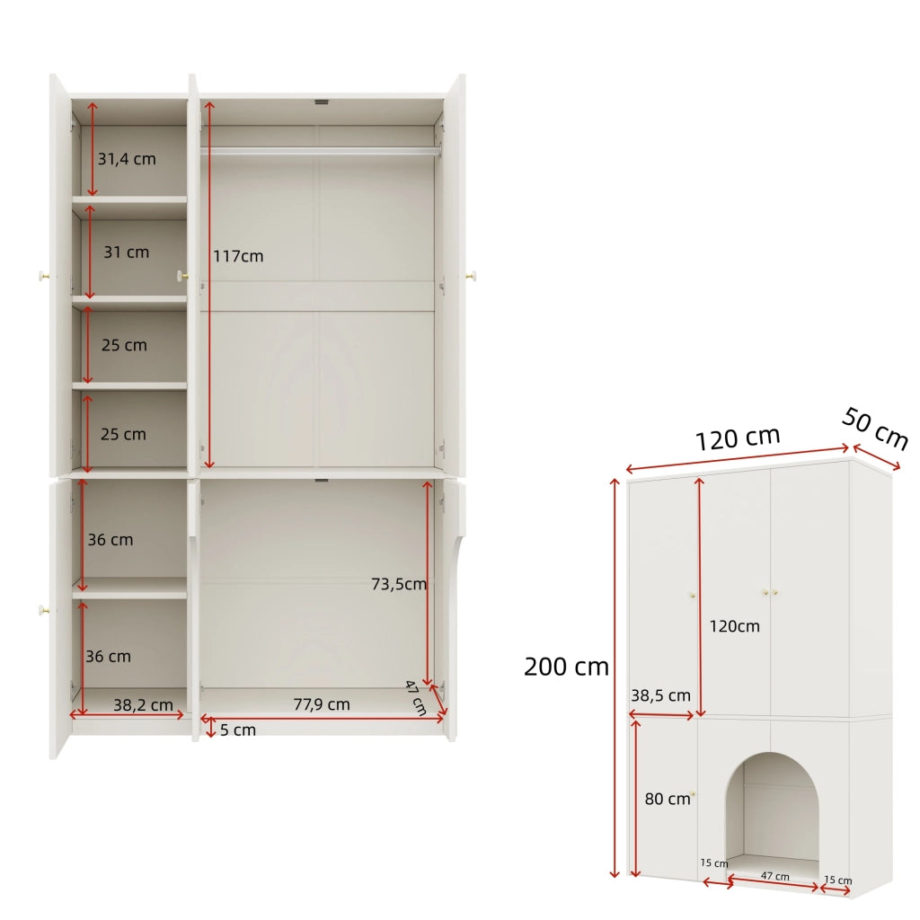 Armadio a 3 ante con asta appendiabiti e ripiani; vano inferiore ad arco; per camera da letto; 120×50×200 cm