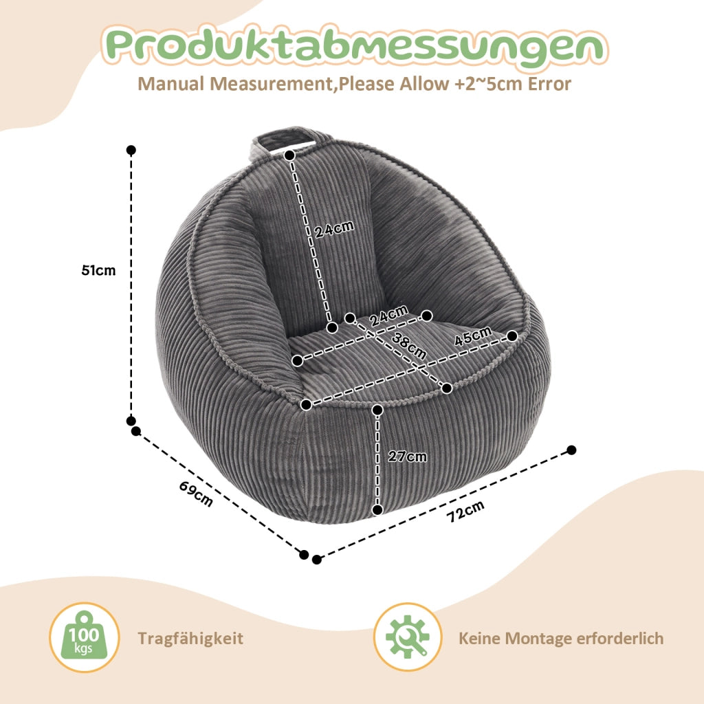 Pouf sacco in velluto a coste grigio, morbido, ergonomico, per bambini, 40×31×20 cm