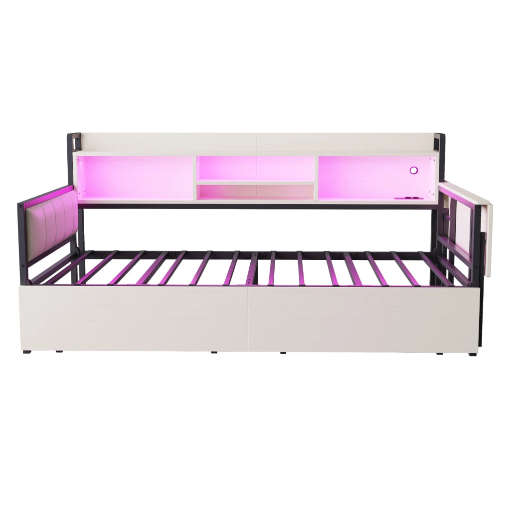 Letto 90x200 cm con scrivania estraibile; LED e cassetti