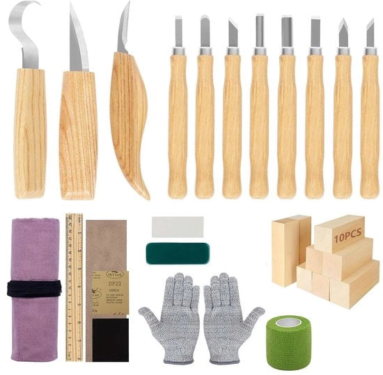Kit di sega per legno 30 in 1 - Blocchi di sega - Lame a becco di lupo/aspicoltura - Seghe a lama fissa - Guanti di sega resistenti - Coltellini di alta qualità - Kit di sega per legno