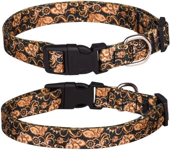 Collare per cani - Adattabile per cani piccoli e medi - Materiale soffice e confortevole - Colore oro - Disegno fiorale - Idoneo per cuccioli - Codice prodotto: 123456 - Modello: DG-001 - Materiale: 100% cotone - Dimensioni: 30-60 cm