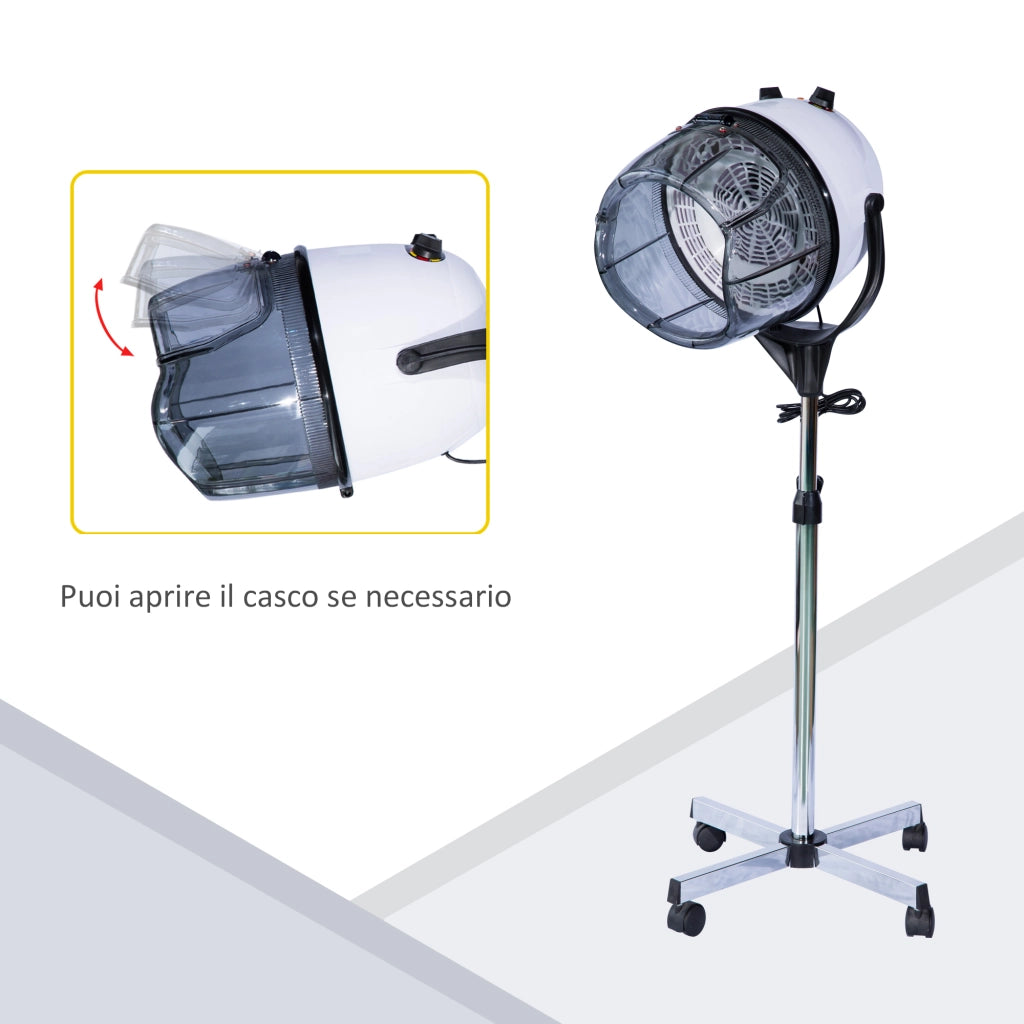 EasyComfort Casco Asciugacapelli 1180W ad Altezza Regolabile, Casco per Capelli con Timer 60 Minuti e Ruote Girevoli, in PP, PC e Acciaio, 65x65x115-165 cm, Bianco