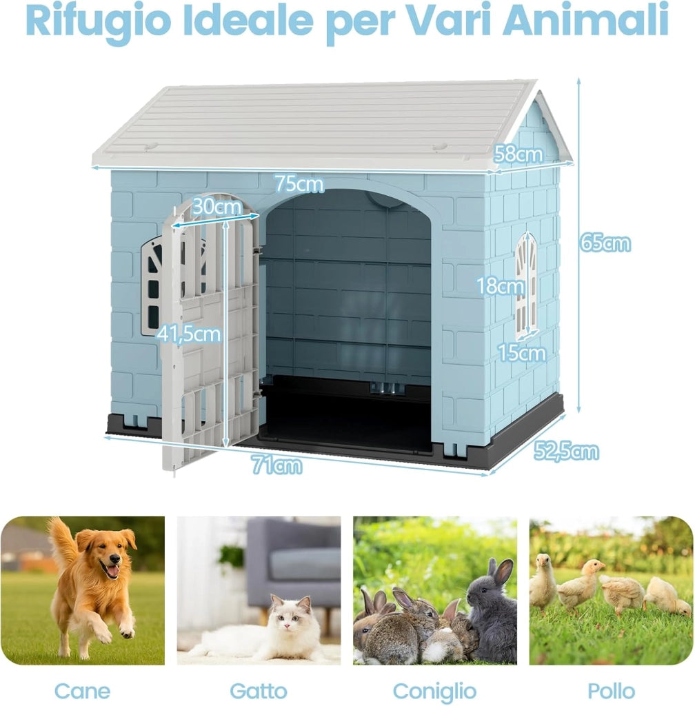 Cuccia per Cani da Esterno ed Interno, Cassetta per Cani con Porta Bloccabile, 3 Finestre e Tetto Inclinato, Cucce per Cagnolino in Plastica Impermeabile (Blu)