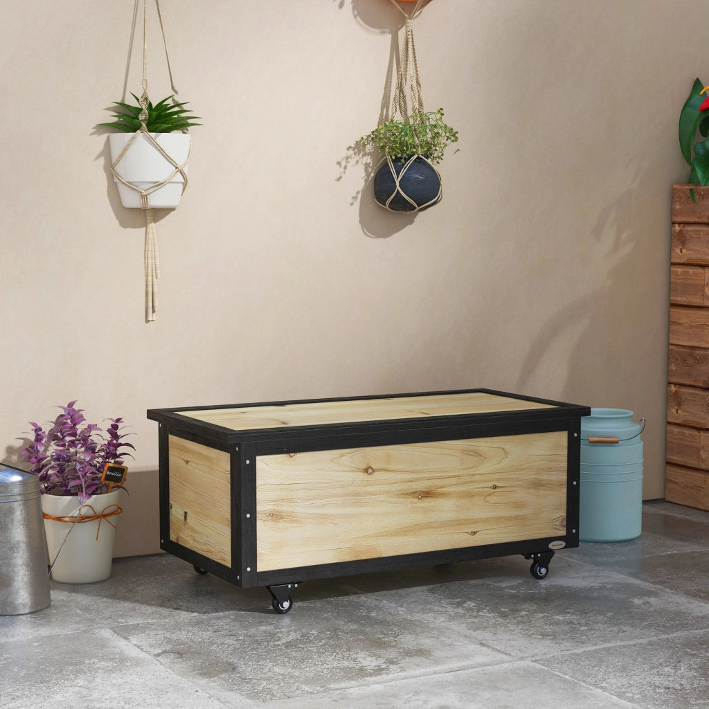 Cassa contenitore da esterno in legno naturale da 121 litri con ruote e cerniere metalliche 100 × 50 × 43 cm