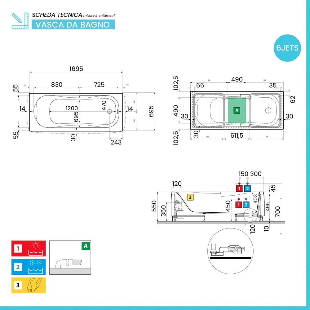 Vasca da bagno idromassaggio 170x70 a 6 JET bianco lucido con cuscino antibatterico Calypso