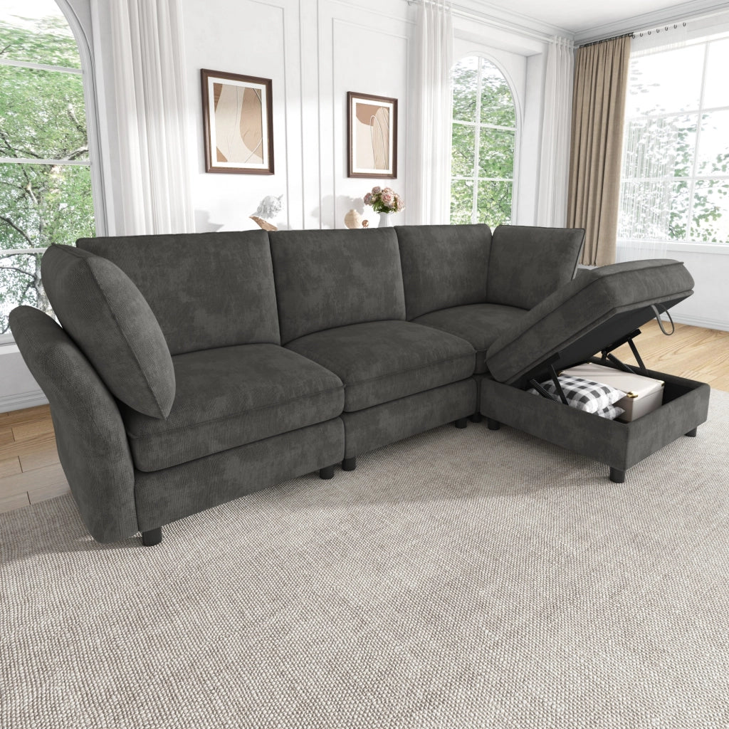 Divano modulare angolare 4 posti - con pouf contenitore e cuscini - in chenille grigio