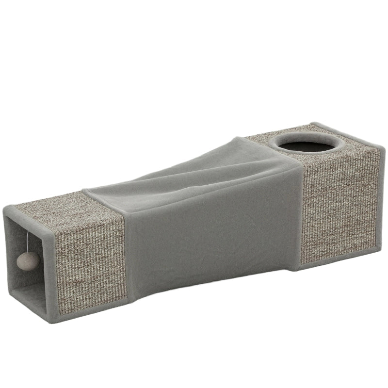Tunnel per gatti, giocattolo per gatti con pallina, cuccia per gatti, tunnel gioco pieghevole in sisal, design combinato, marrone+grigio, 98 x 30 x