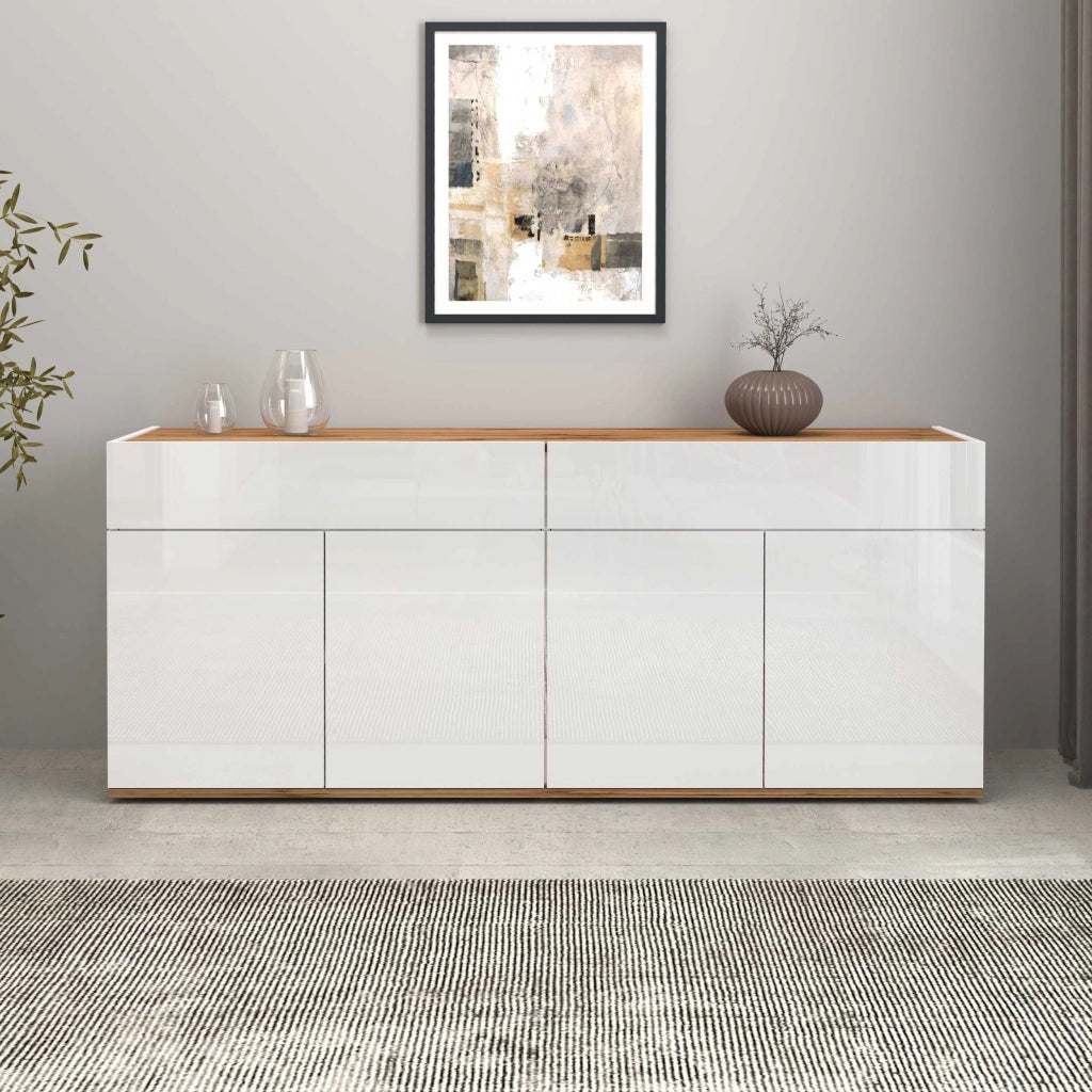 WHOUS Credenza Garda 4 ante e 2 cassetti bianco lucido e rovere 160,1x35x70 cm