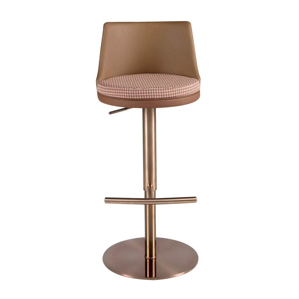 Sgabello girevole in tessuto marrone terracotta e beige e similpelle marrone