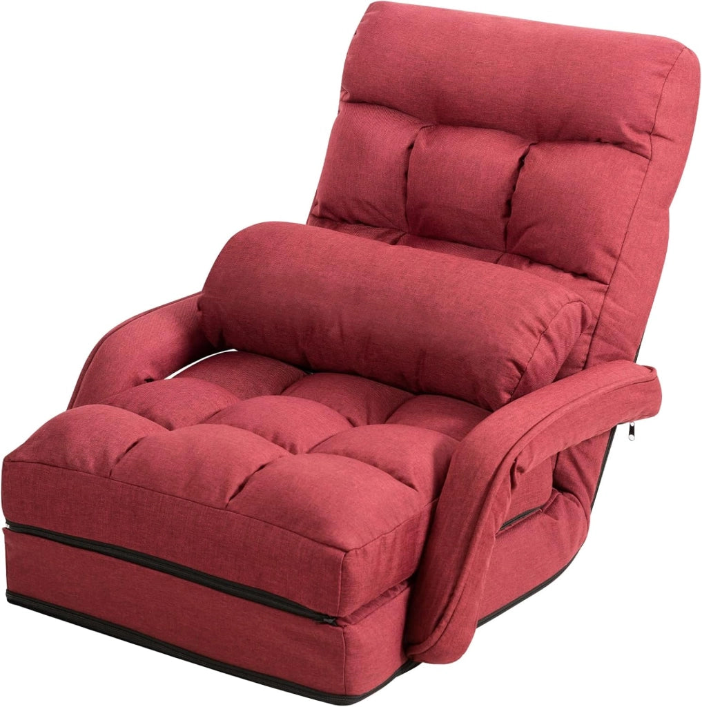 Poltrona Divano con 5 Livelli Regolabili, Sedia da Terra con Braccioli e Cuscino, Struttura in Acciaio, Multifunzione e Pieghevole per Soggiorno Camera da Letto, 55x66x71 cm (Rosso)