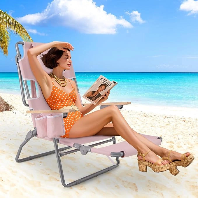 Sedia da Spiaggia Pieghevole 3 in 1, con Foro per il Viso, Poggiapiedi, Schienale Regolabile, Cuscino, Poltrona Prendisole per Spiaggia, Campeggio, Bordo, Piscina, Portata 150 kg (Rosa)
