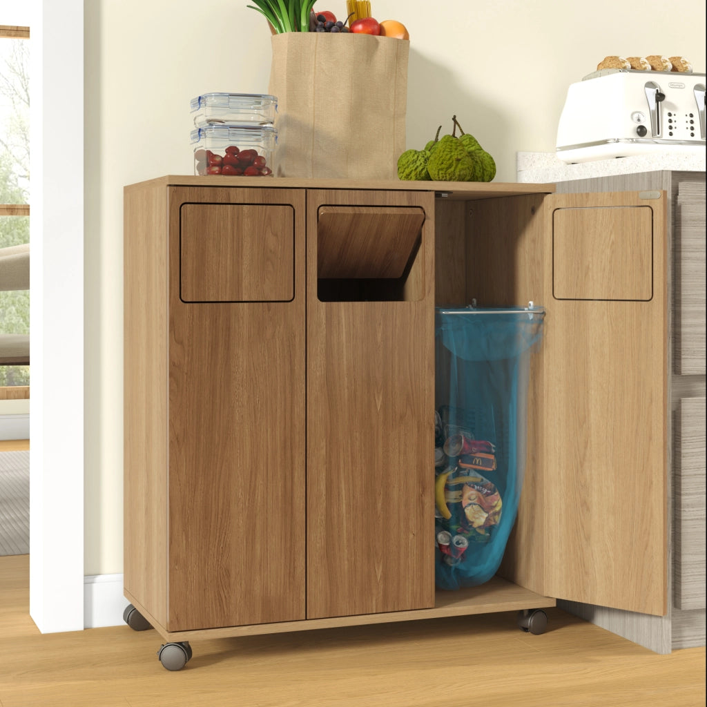 ARMADIO PATTUMIERA 3 SCOMPARTI 69,3x35x80,3 cm MDF NATURALE CON RUOTE