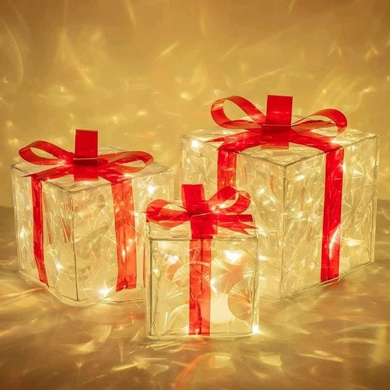 Set di decorazioni natalizie da 3 scatole illuminate - Pacchetto di Natale - Decorazione di Natale – Albero di Natale - Illuminazione di Natale per sotto l'albero