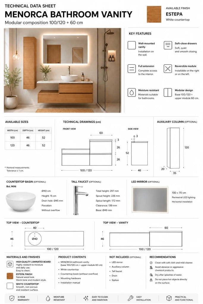 Mobile bagno componibile FORMENTERA con modulo da 120 cm, doppio lavabo e colonna, senza specchio