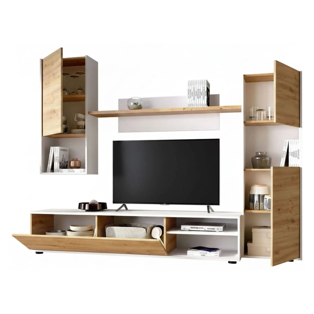 Parete attrezzata Artex, Set da soggiorno porta TV, Mobile salotto multiuso, 220x41h180 cm, Rovere Nodi e Bianco