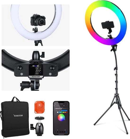 Ring LED a LED a luce RGB - 18 pollici, APP di controllo, supporto e telefono, 42 W regolabile, 2500K-10000K, GM±50, Bi Color, CRI97+/TLCI98+, 360° Full Color, 18 scene, make-up per selfie, TikTok, Vlog - RGB18 II.