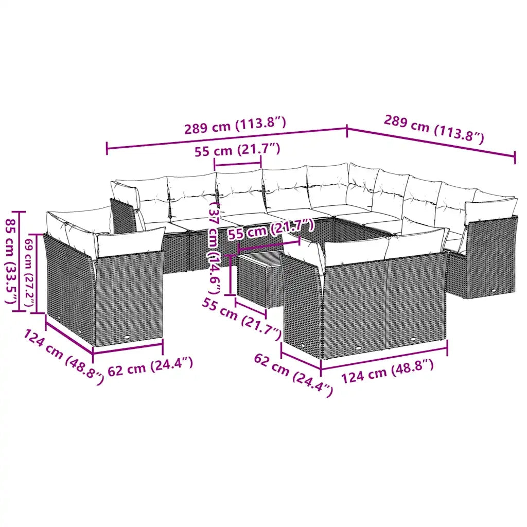 Set Divani da Giardino 14pz con Cuscini in Polyrattan Grigio 3256292