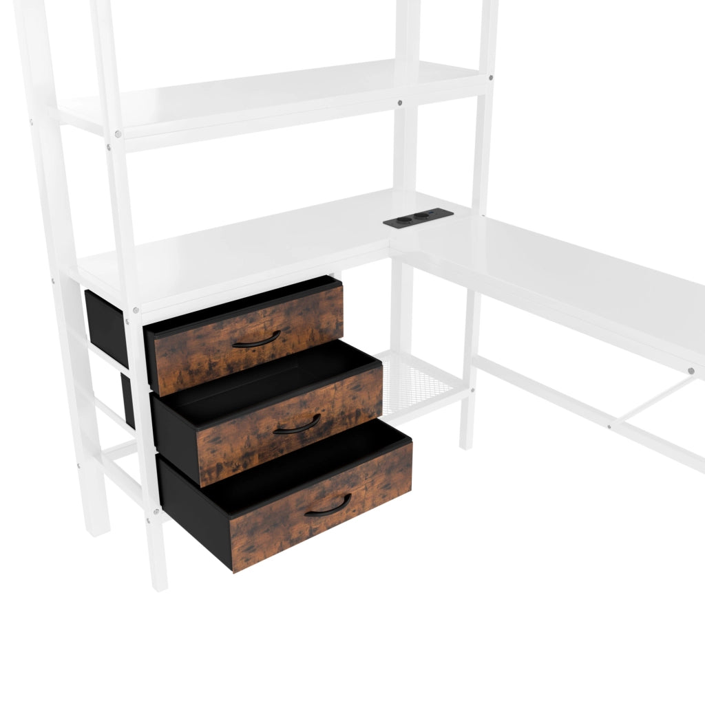 Letto a soppalco 90x200 cm con scrivania, LED, 3 cassetti e USB