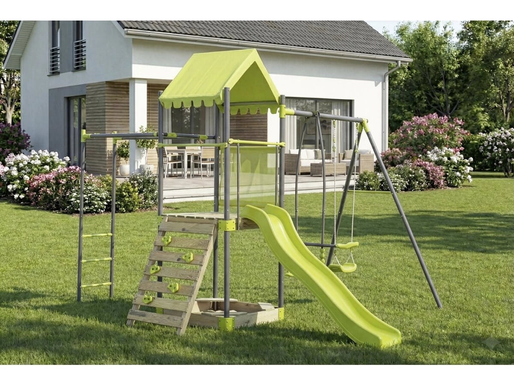 Altalena in metallo "Lucien" con scivolo e sabbiera - Verde