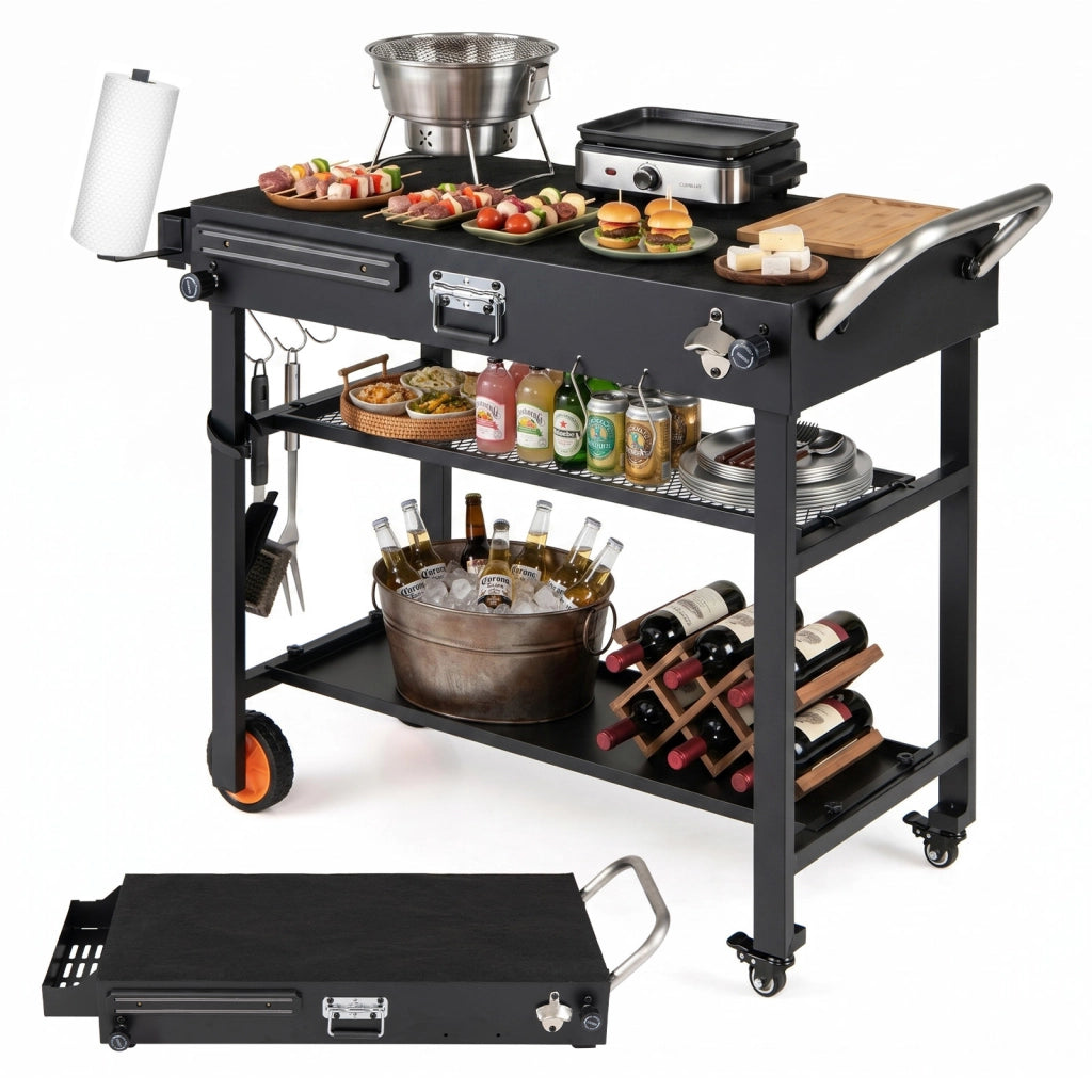 Carrello per barbecue pieghevole metallo resistente al calore, Isola cucina esterna 3 ripiani ruote maniglie 109x46x87cm