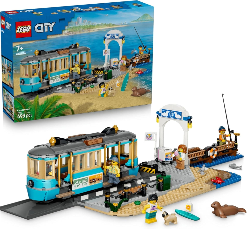 LEGO City Classic Tram Classico della Spiaggia - Treno Giocattolo con Binari, Scena di Strada, 5 Minifigure e 5 Figure d