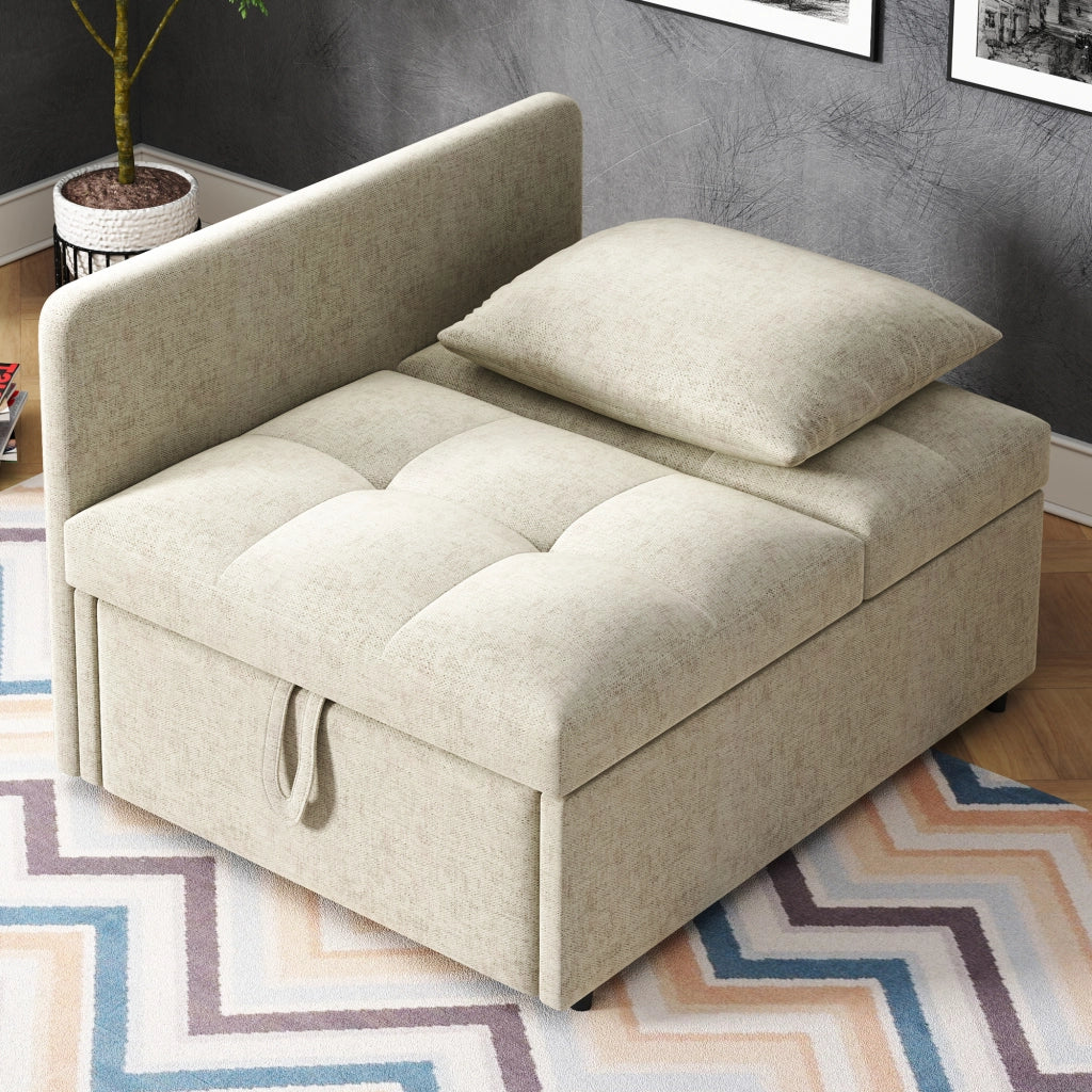 Divano Letto 3 In 1 con Schienale Regolabile 5 Posizioni e Cuscino Salvaspazio Imbottito Beige