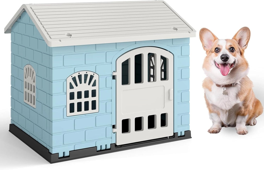 Cuccia per Cani da Esterno ed Interno, Cassetta per Cani con Porta Bloccabile, 3 Finestre e Tetto Inclinato, Cucce per Cagnolino in Plastica Impermeabile (Blu)