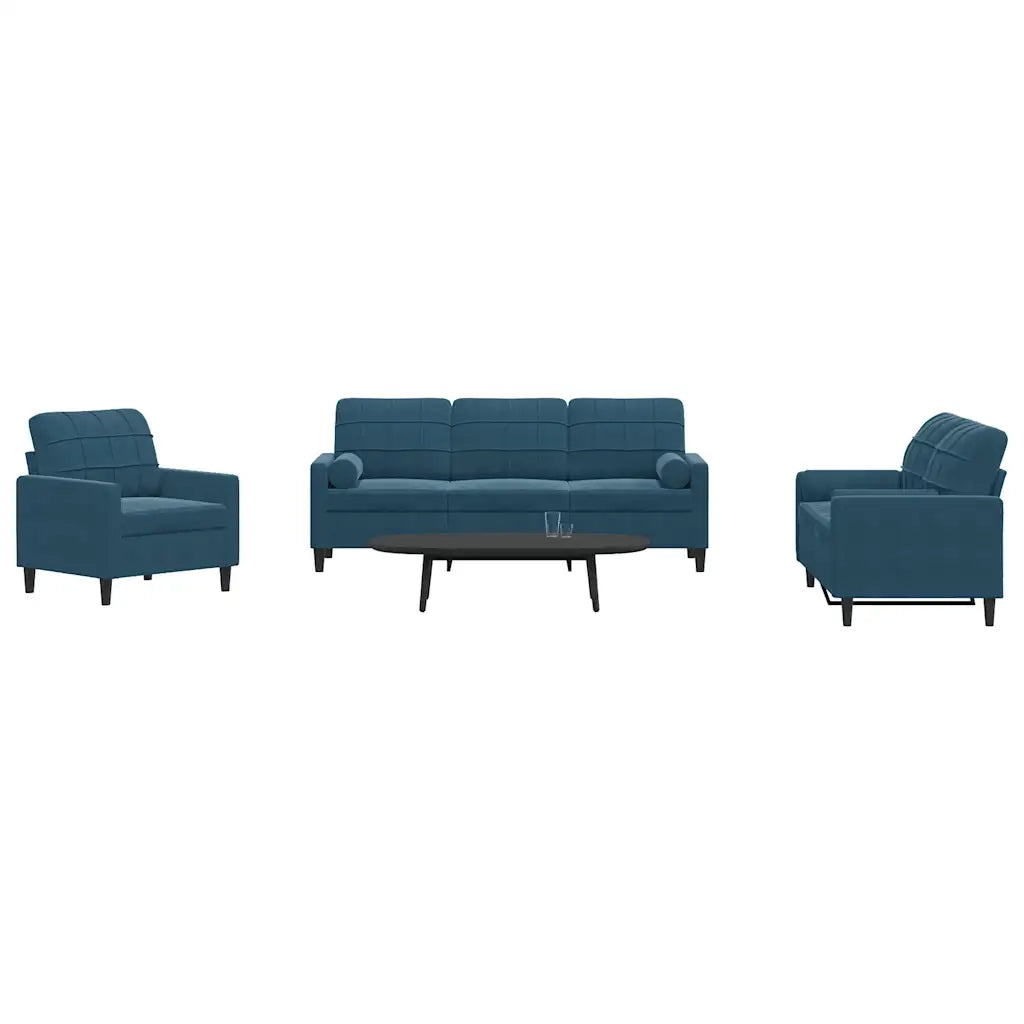 Set di Divani 3 pz con Cuscini e Rinforzi Blu in Velluto 3278380