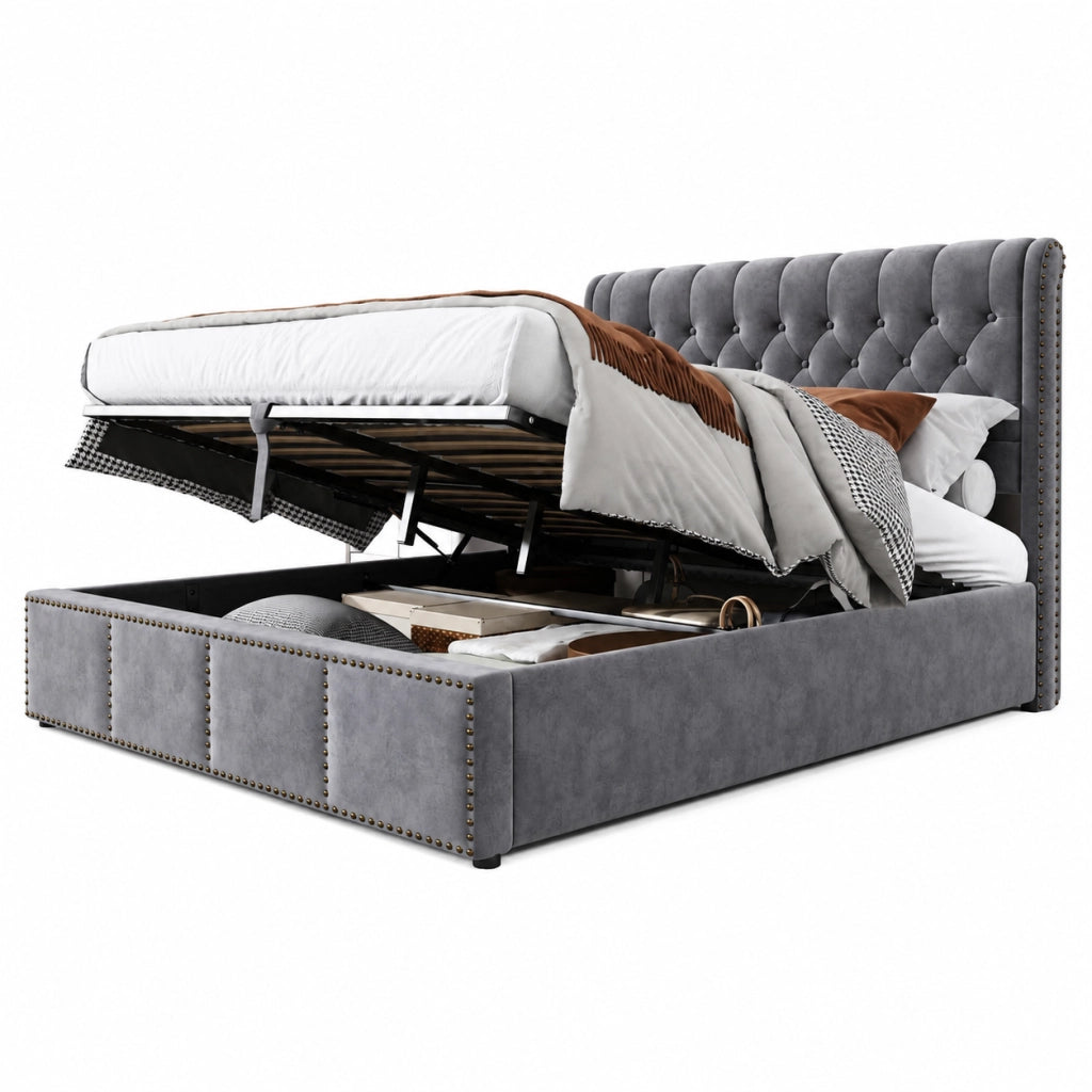 Letto imbottito 140x190 cm con contenitore; dettagli con rivetti; velluto grigio (Senza materasso)