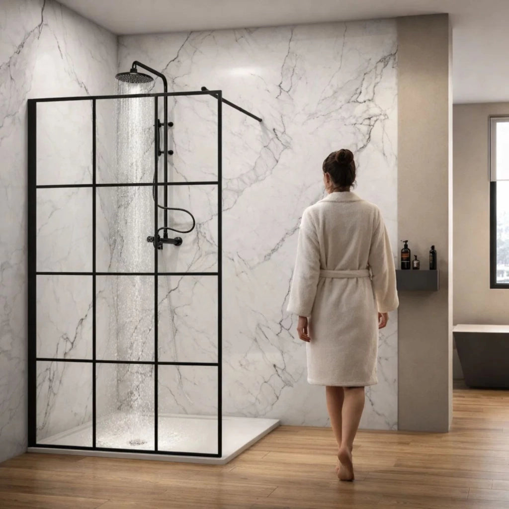 Parete doccia walk-in in cristallo temprato con profilo nero cristallo 8 mm *** misure 157-159xh200 cm, confezione 1