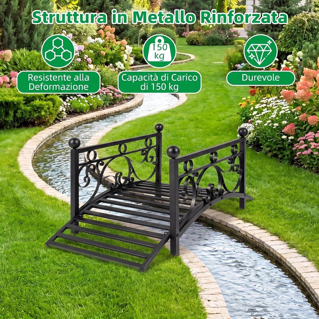 Ponte da Giardino in Metallo, Ponticello Resistente con Ringhiere di Sicureza e Decorazioni Floreali, Passerella ad Arco per Laghetto, Stagno e Cortile, Portata 150 kg, 101,5 x 45 x 43,5 cm
