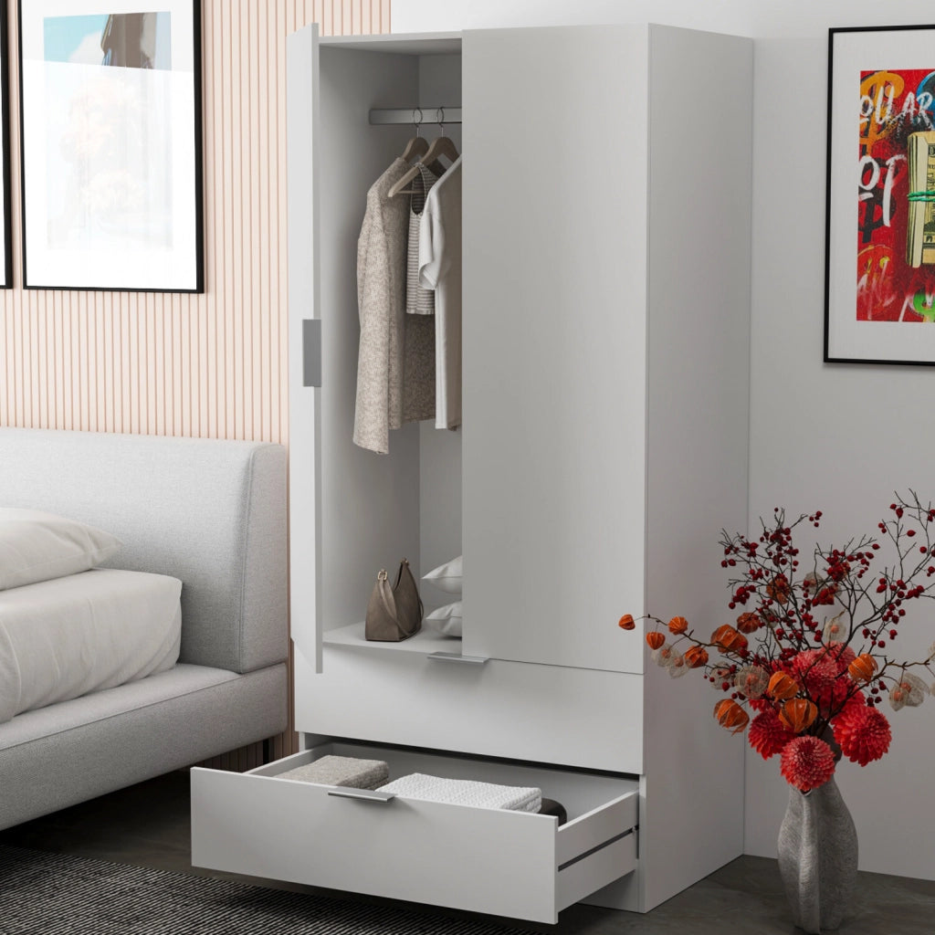Armadio Per Camera Da Letto Con Appendiabiti 2 Ante Con Maniglie In Metallo E 2 Cassetti Multiuso Ideale Per Arredare La Tua Stanza 180 X 81 X 52 Cm Colore Bianco