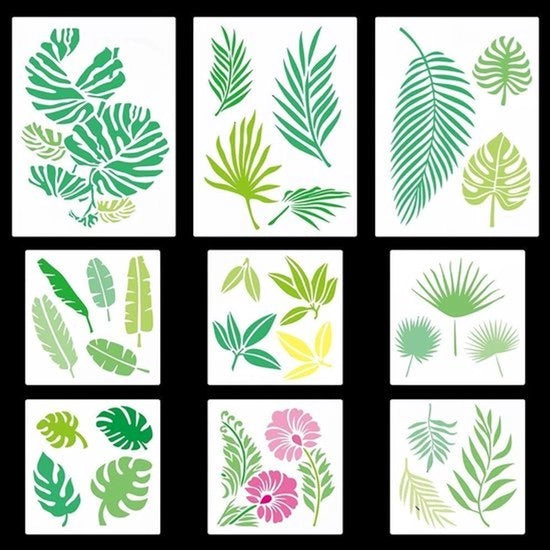 Stencili di Foglie Tropicali - Foglie di Palma Monstera - Stencil di Disegno Riciclabile - Foglie di Banana e Nasturzio - Fiori Botanici - Pittura su Parete in Legno - Fai da Te - Adatto per Parete, Pavimento e Canva - 9 pezzi, 2 misure.