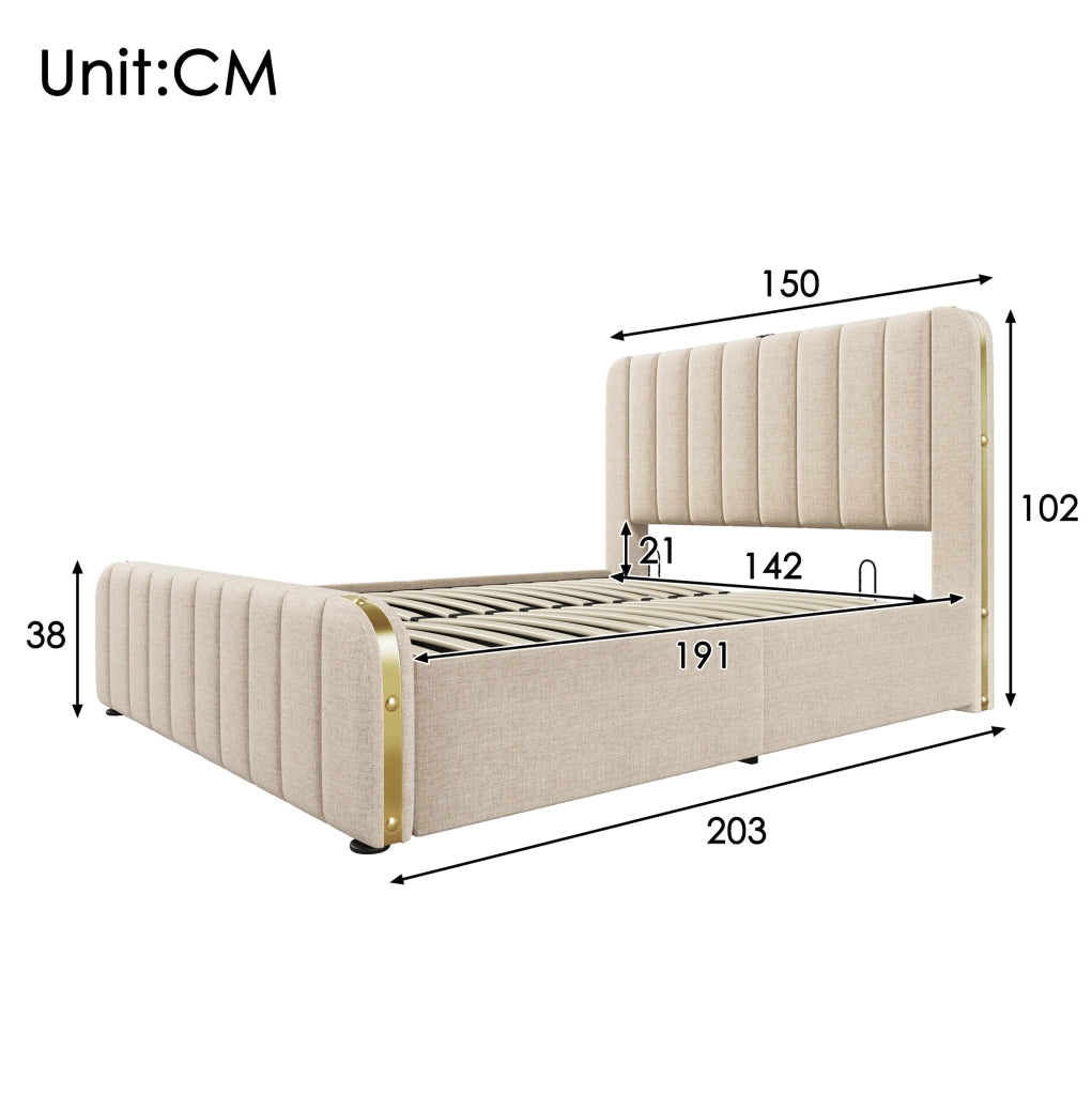 Letto contenitore imbottito 140x190 cm beige con USB e Type-C