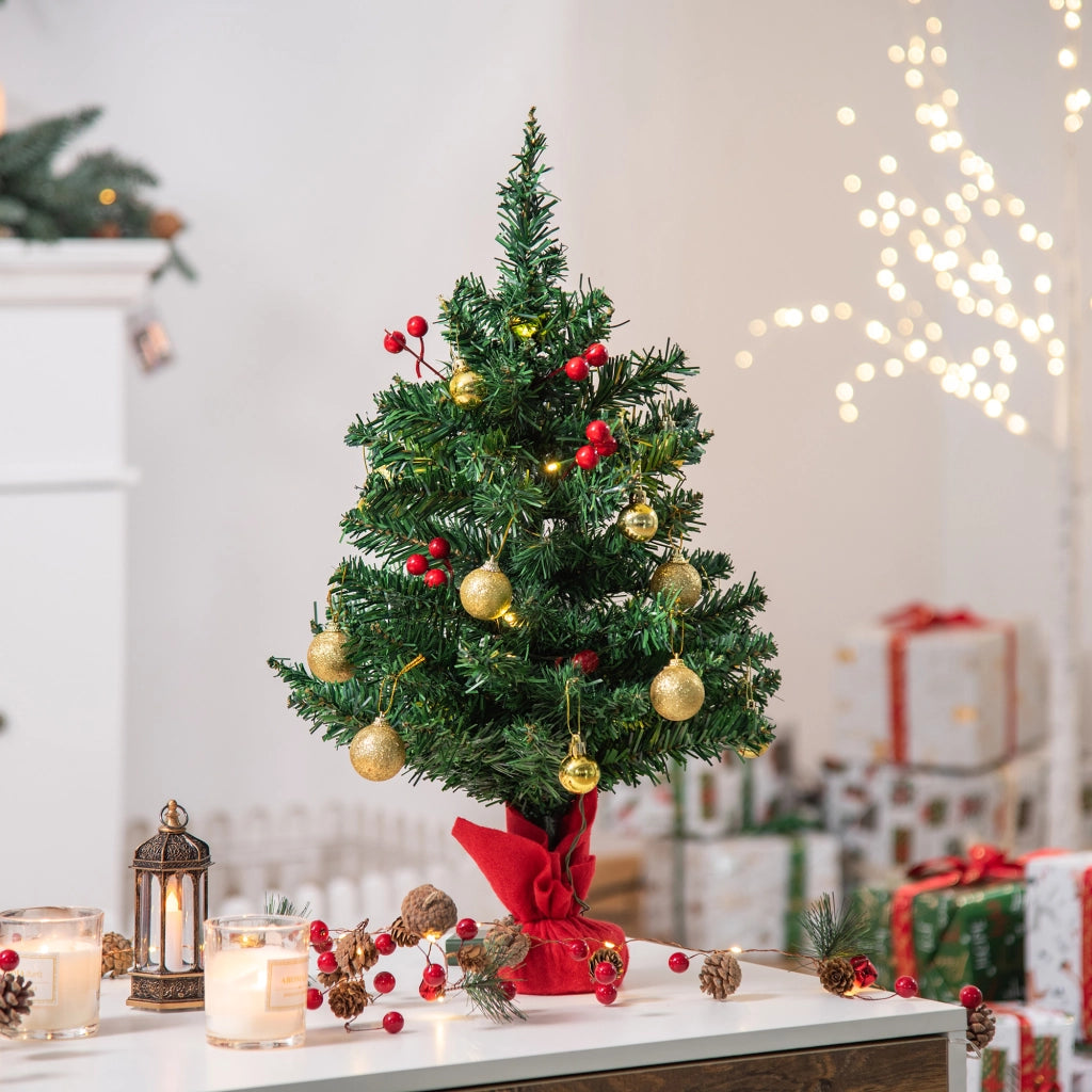 Piccolo albero di Natale, mini albero di Natale con bacche di agrifoglio, palline e luci a LED, decorazione da tavolo in PVC verde ?40 x 60 cm