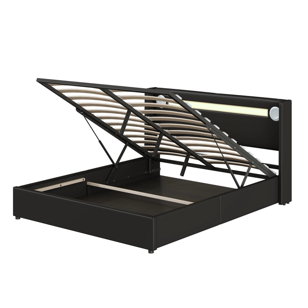 Letto contenitore 160x200 cm con LED; Bluetooth e USB; pelle PU nero (Senza materasso)