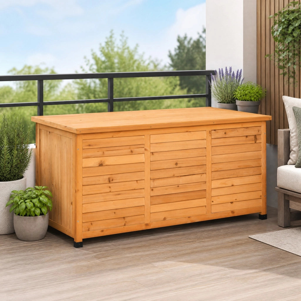 Panca contenitore in legno giallo con coperchio apribile e ventilazione per giardino 60 × 127 × 56 cm