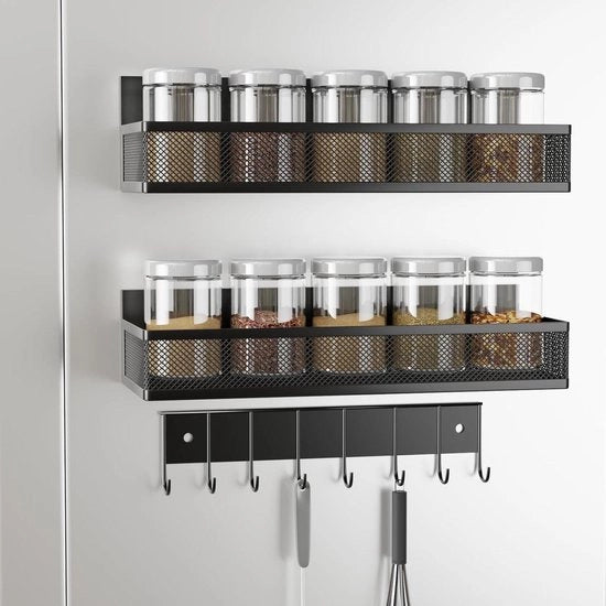 Organizzatore di erbe magnetico con contenitore per accessori - 3 strati pannelli magnetici da parete forti - conservazione flaconi di erbe da cucina (nero)