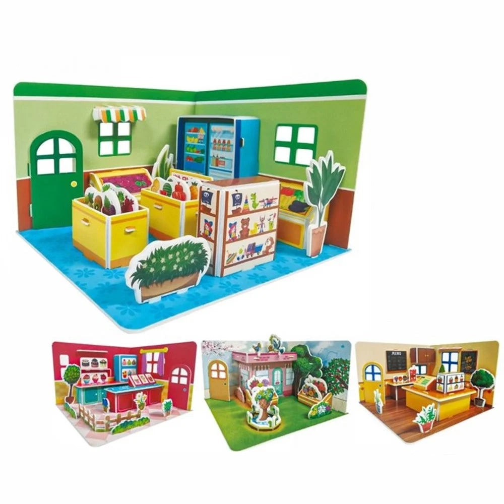 Trade Shop - Kit 12pz Puzzle 3d A Forma Di Negozio In Miniatura Per Bambini Costruzione Fai Da Te 32396 -