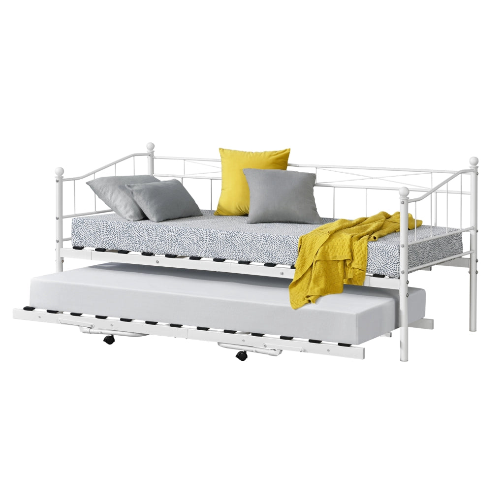 Divano in Metallo con Cornice Decorativa + Letto di Complemento con Gambe Pieghevoli e 4 Ruote, Sofa a 2-3 Posti di Seduta  e Secondo Letto Salvaspazio - Bianco
