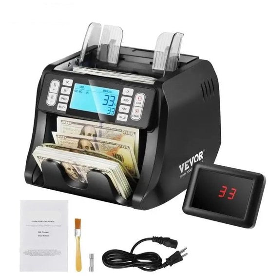 Macchina per la Conta dei Contanti - 1200 Bilanci al Minuto - Detezione della Controffanatura (UV/MG/IR/DD) - Contaprecisi Automatico - per Banche e Aziende - Nero - Display LCD & LED