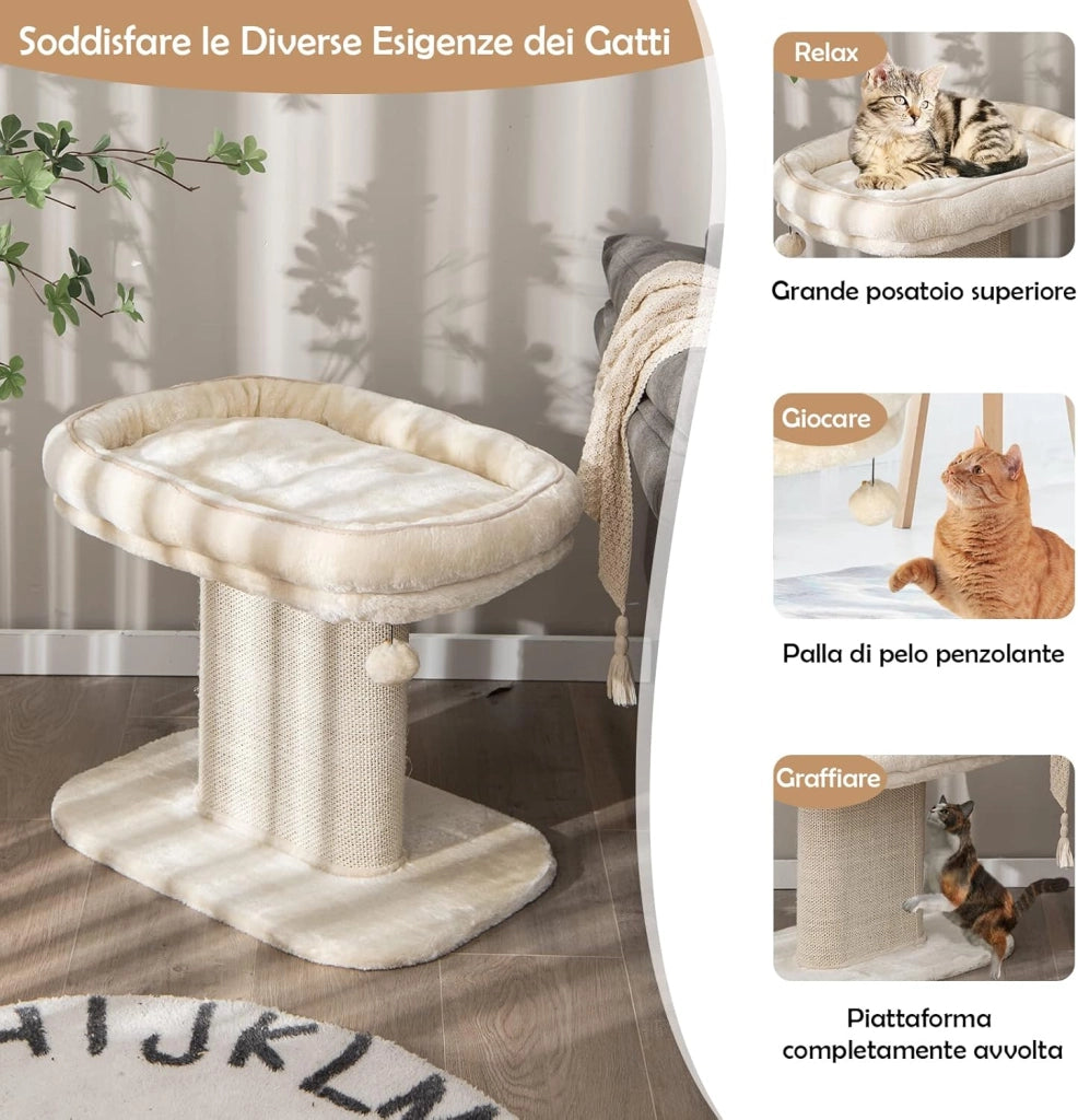 Tiragraffi per Gatti, Albero Tiragraffi Gatto con Grande Cuccia in Peluche e Tiragraffi in Sisal e Palla, Tiragraffi da Divano in Legno per Gatti Piccoli, Portata 20 kg (Beige)