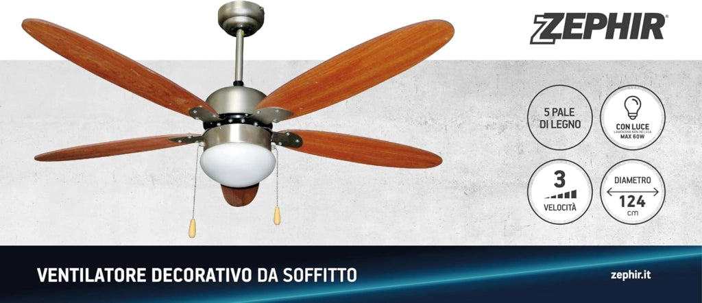 ZEPHIR ZFS9110M Ventilatore da Soffitto 130 cm con Luce E27, 5 Pale in Legno Marrone, Reversibile Estate/Inverno, 3 Velocità, Paralume in Vetro, Comando a Cordicella, 70W, Struttura in Metallo