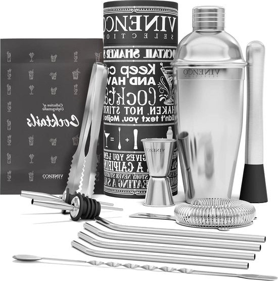 Set di Shaker Cocktail con Libro di Ricette - 13 Delicati Accessori in Acciaio Inox Premium per Barman Kit per Martini Gin-Tonic Mojito Long Drink - Accessori da Bar per Festa Compleanno - Regalo per Uomo Donna set da Bar