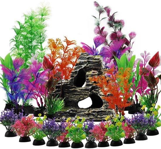 Decorazioni per acquario - Piante in plastica - Ornamenti di roccia grotta - 25 pezzi - Piante colorate - Adatto per acquari - 27D x 20B x 4H cm